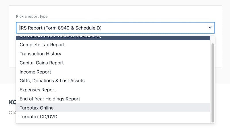 Product screenshot showing Koinly's menu of crypto tax reports including IRS Form 8949 and Schedule D